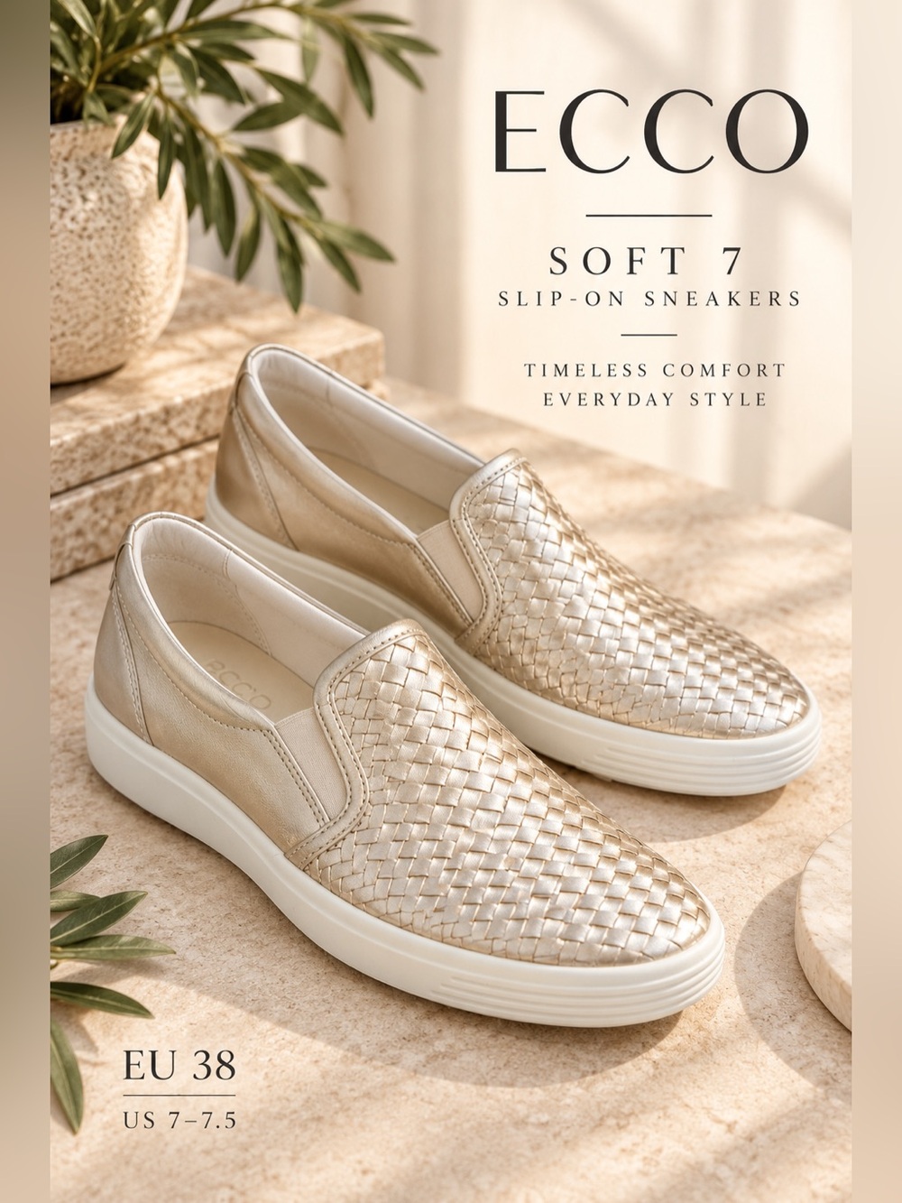 ECCO Soft 7 Woven Metallic Gold Leather Slip-On Sneakers EU 38